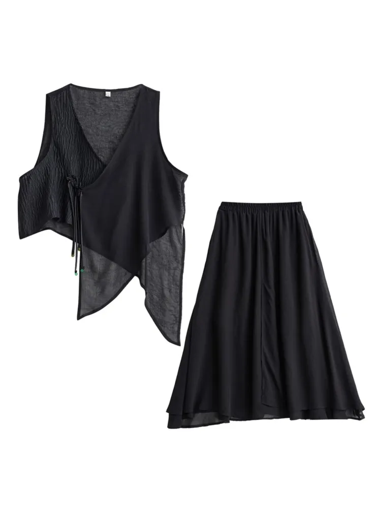 Chiffon Oversized Summer 2 Two Piece Set Women Irregular Pleated Modis Ladies Sleeveless Vests Ruffle Pleated Loose Woman Skirts