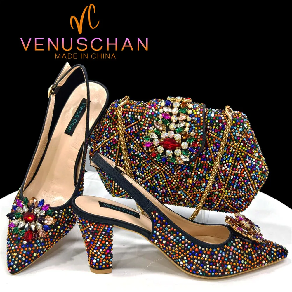 Venus Chan Elegant Woman Heel Shoes INS Style Pointed-Toe Rhinestone Pumps African Ladies Italian Shoe and Bag Set Designer 2024