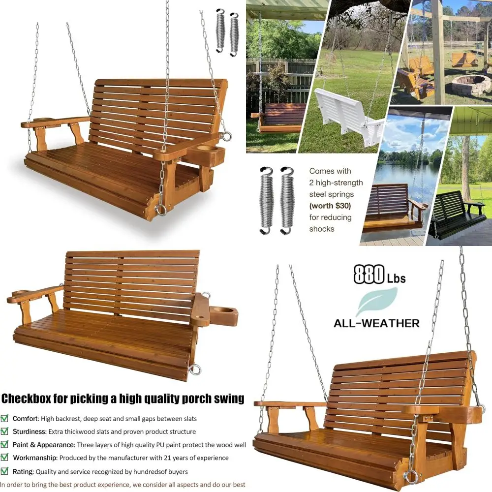 Columpio duradero para porche con respaldo alto para 2 personas con asientos profundos, portavasos, cadenas colgantes, resortes de 7 mm y amortiguación cómoda