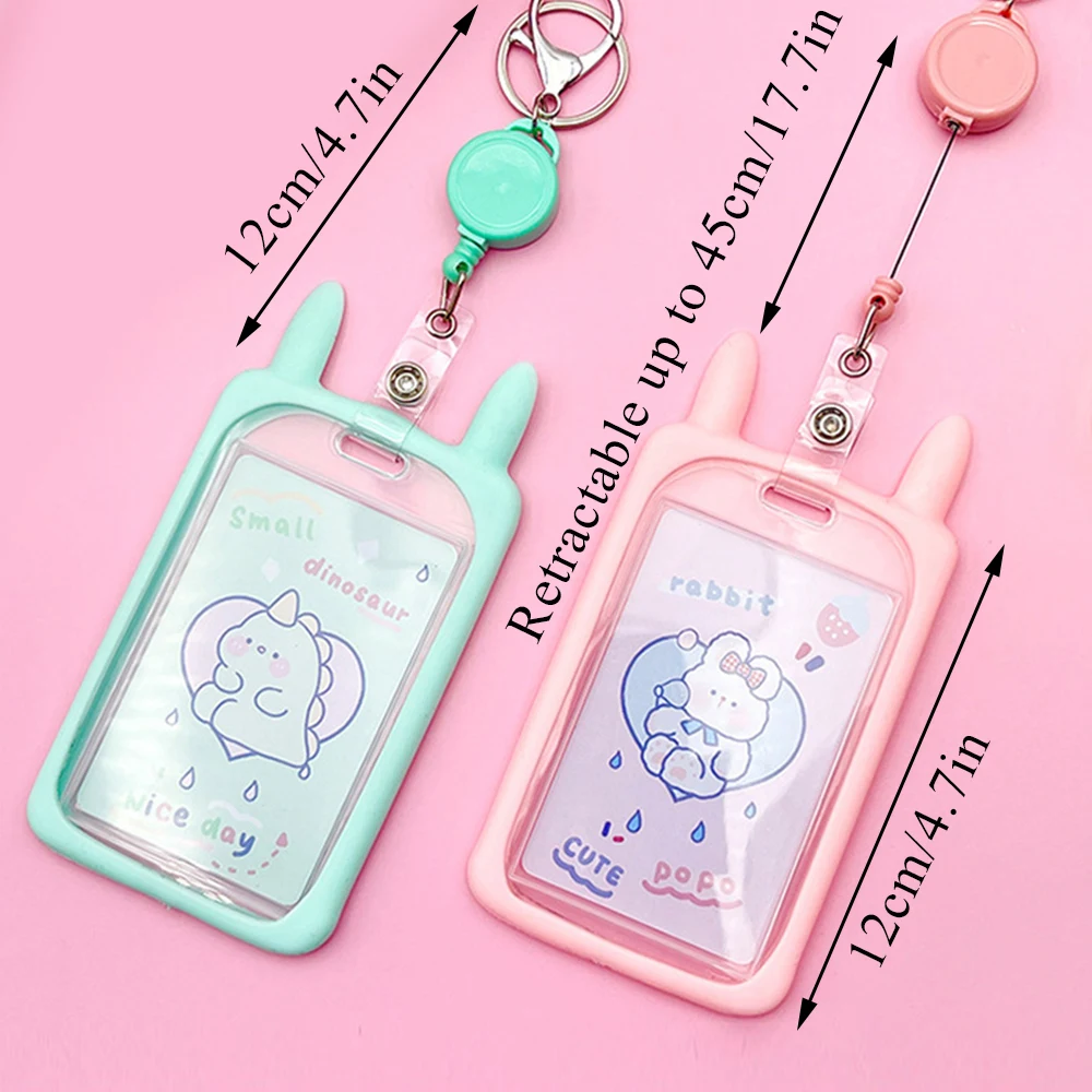 1Pc Cute Cartoon Rabbit Ear Card Case With Retractable Lanyard Waterproof Dustproof Plastic Card Holder ID Bank Card Decoration