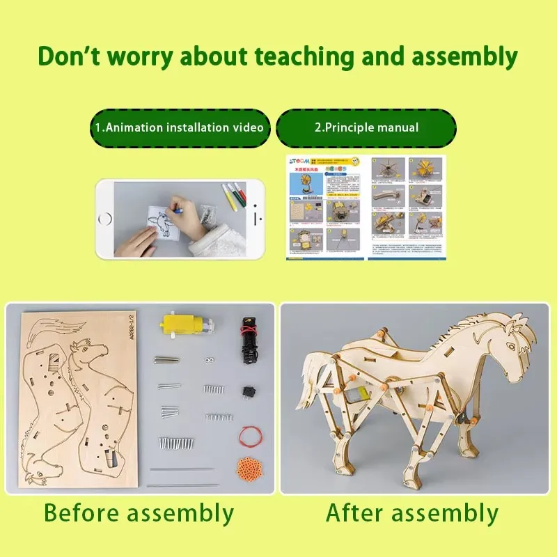 مجموعة تجميع الحصان الميكانيكية DIY - لعبة ألغاز الفيزياء الجذعية للأطفال، نموذج حيواني إنتاج صغير للتجربة العلمية #4