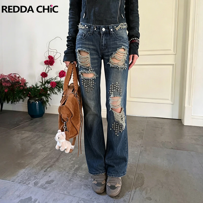 

ReddaChic Y2k Bootcut Jeans for Women Retro Low Waist Stud Relaxed Fit Destroyed Tall Girl Denim Bell Bottoms Punk Streetwear