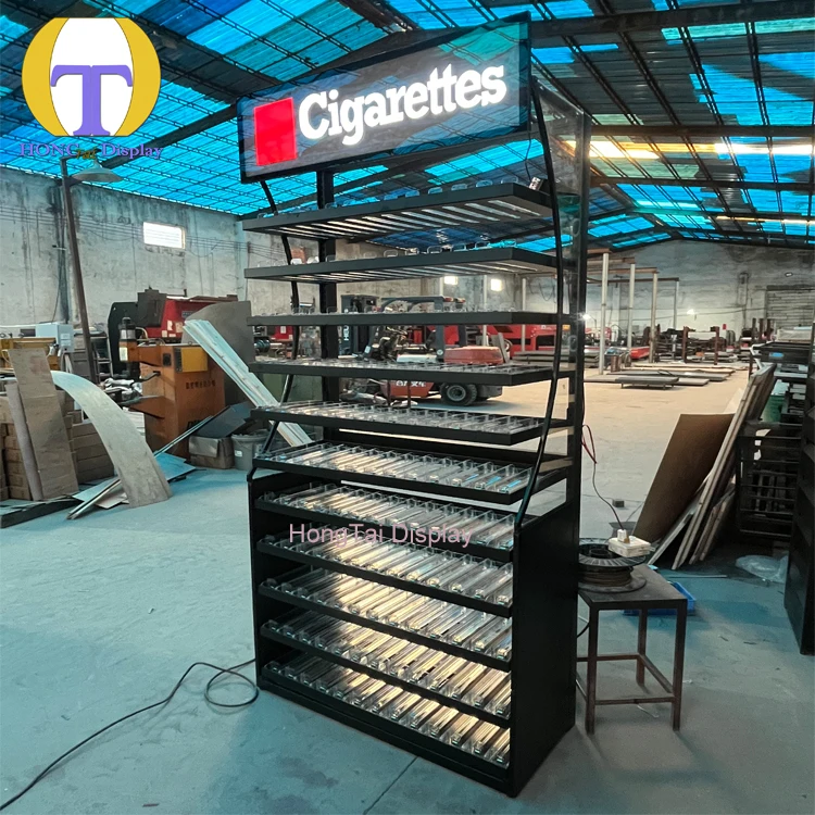 Custom.HongTai Grosir Akrilik Pusher Besi Display Showcase Lampu LED Perlengkapan Besi untuk Toko Rokok & Toko Ritel