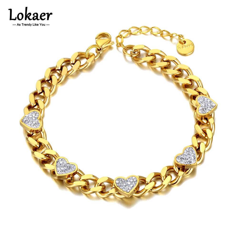 Lokaer Titanium Stainless Steel Chain Link Bracelets Trendy 18K Gold Plated Rhinestone Heart Charm Bracelet For Women B22004