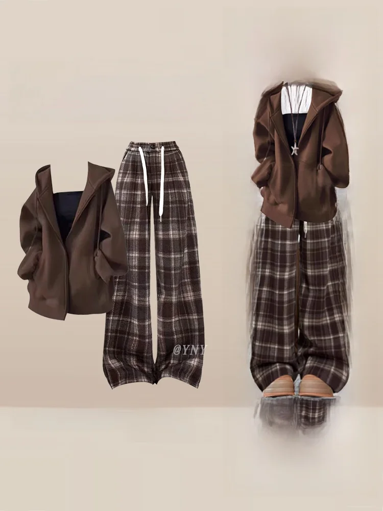 가을 겨울 커피색 레이지 슬레 여성 풀세트 롱 후드티 캐주얼 팬츠 패션 세트