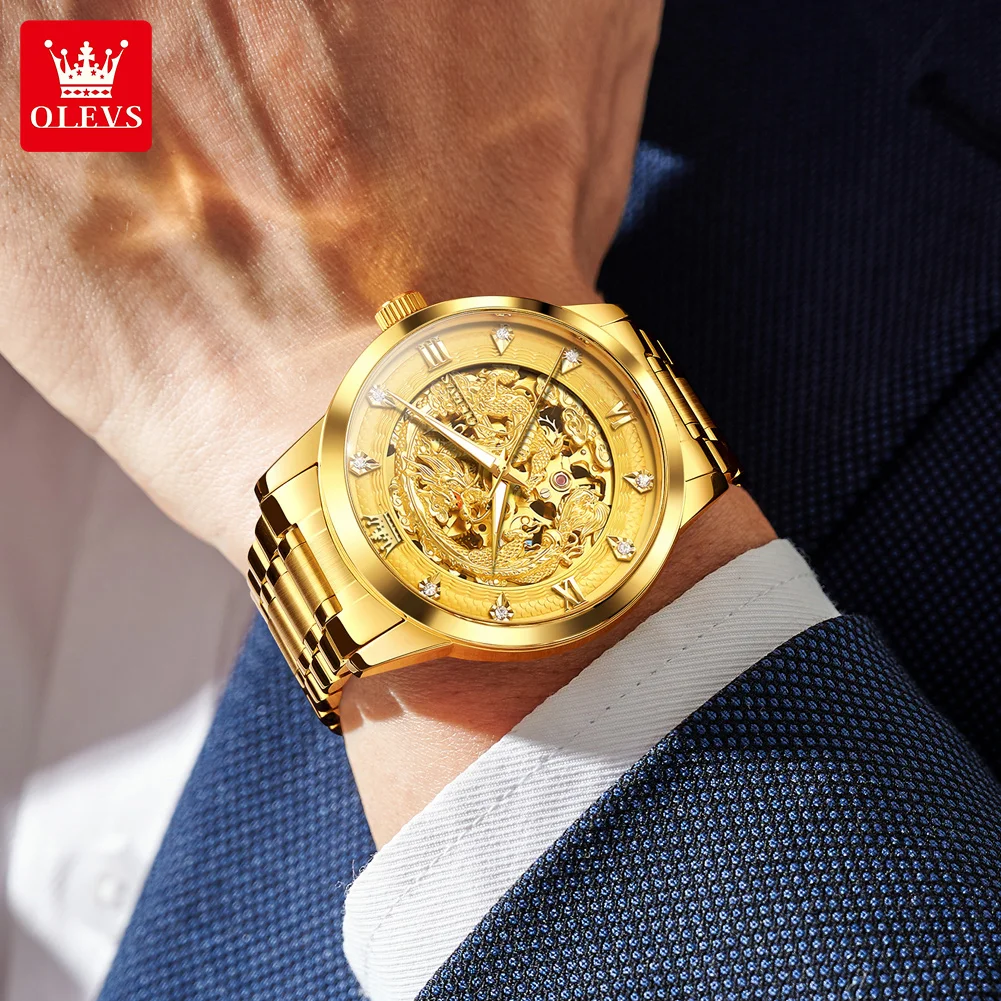 OLEVS 7027 Golden Dragon Watch Men Luxury 3D Stereoscopic Carving Deep Waterproof Elegant Men's Watch