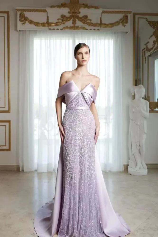 

DRESS FORU Elegant Purple Evening Dress Taffeat for Ankle-Length Backless Beading Wedding Party Vestidos De Fiesta Customized