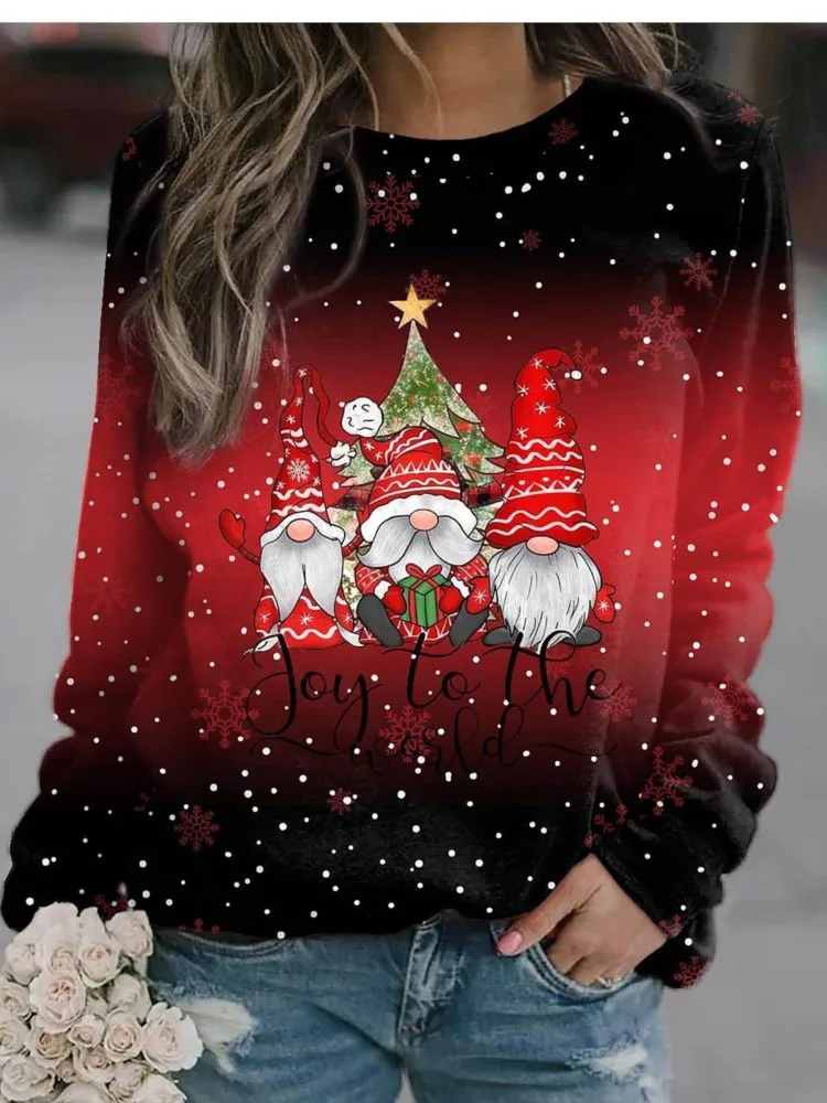 

Women 2024 T Shirts New Christmas Print Vintage And Casual Loose Festival Dress Up Tee Long Sleeve O-neck Female's Pullover Tops