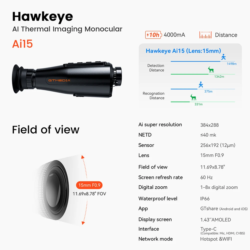 GTMEDIA AI15 Monokular Kamera termowizyjna do polowań Widzenie termowizyjne Profesjonalne polowanie na świeżym powietrzu Obserwacja dalekiego zasięgu