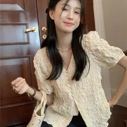 Large Size Texture Puff Sleeve Shirt Women Summer Design Sense Niche French Unique V-neck Solid Color Pleated Short Sleeved Tops