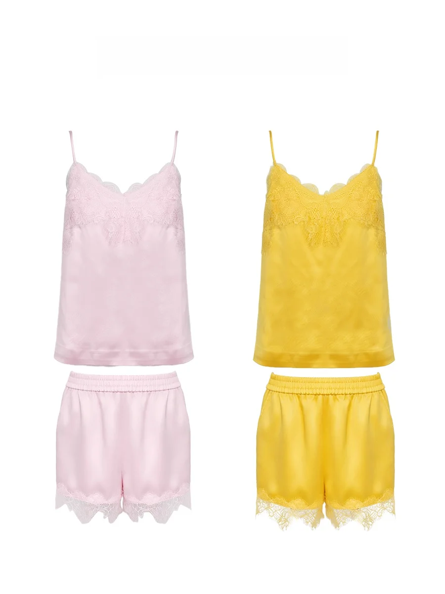 

Nothing Nine Half Sugar Dream Satin Finish Lace Patchwork Two Piece Set Bright Yellow Sakura Pink V Neck Button up Top Bottom