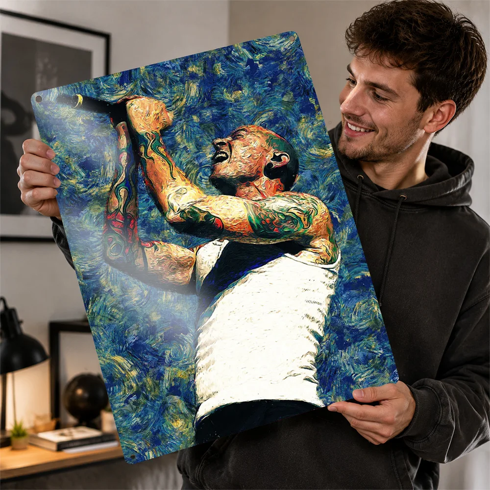 Chester Bennington Singing Textured Metal Poster Starry Night Inspired Wall Art For Bedroom Personalized Aluminum Sign Fan Gift
