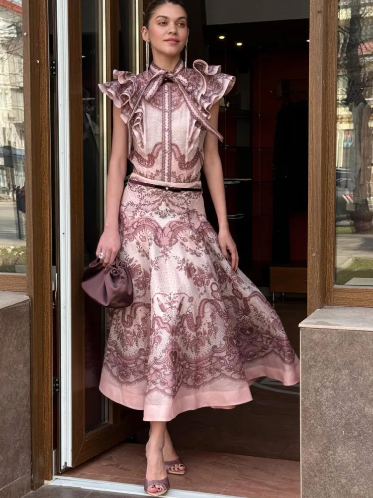 

Luxury Lace Floral Printed Ruffle Skirt Sets Women's 2025 Zimmermans High Quality Tops High Waisted Midi Skirt Lady Chic Outfit