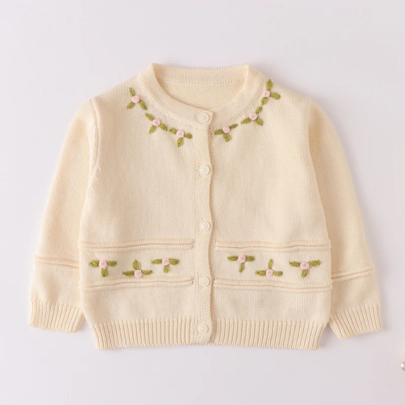 Winter Korean Style Infant Baby Girls Knitted Clothing Set Long Sleeved Embroidered Cardigan+Rompers Newborn Baby Clothes Suit