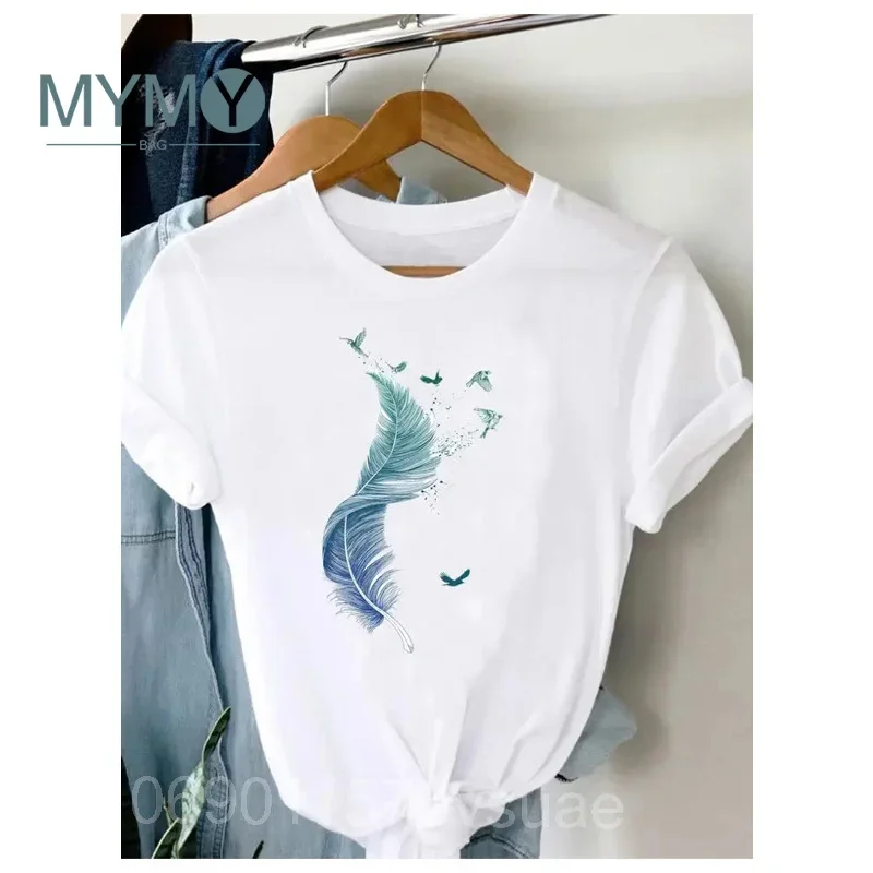 Tee Women T-shirt Summer Short Sleeve Print Clothes Graphic Plus Size T Shirt Feather Painting Bird Clothing Fashion Female Tops