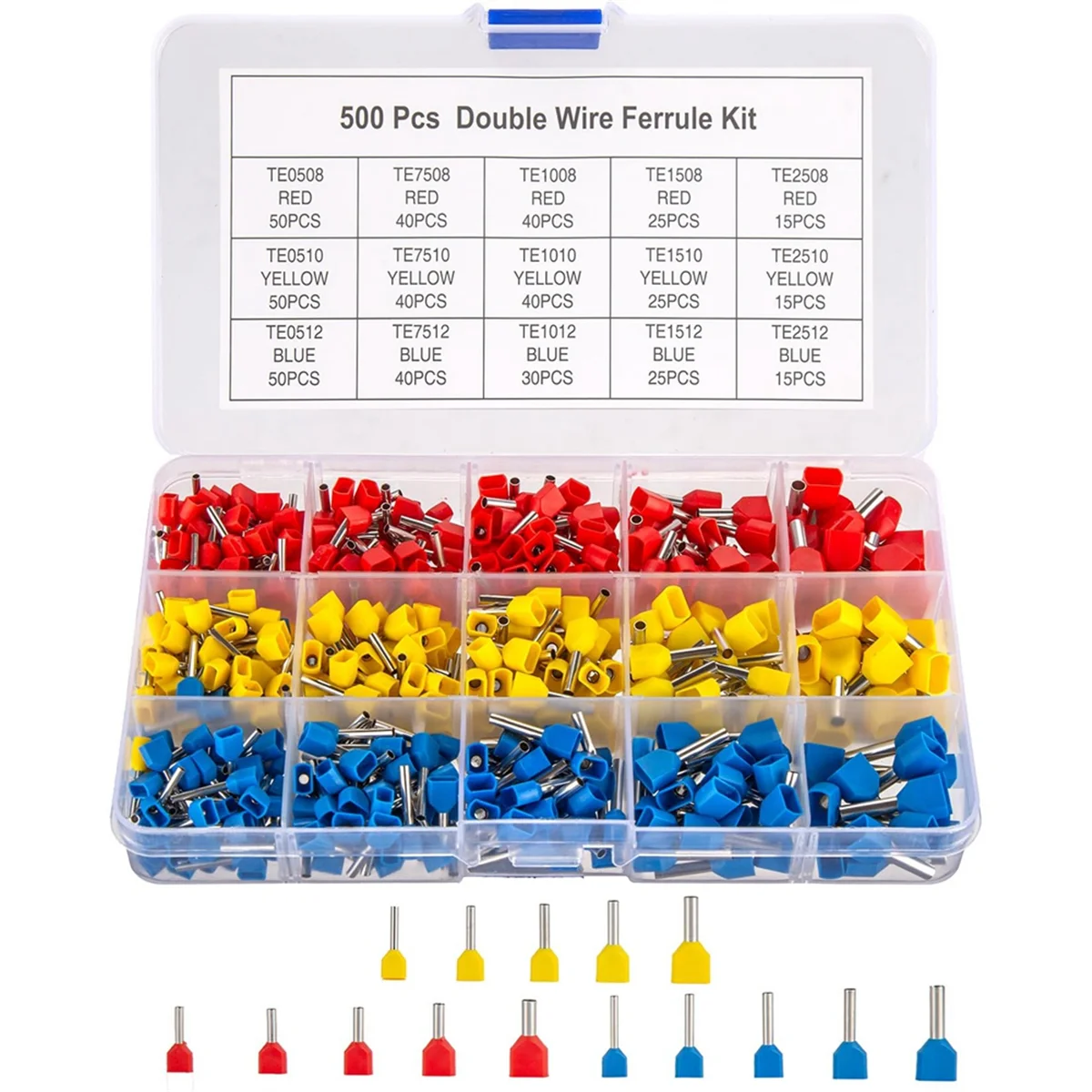 Double Wire Ferrules Kit, 500Pcs Wire Ferrule Terminals, Insulated Ferrule Crimp Pin Terminals, Cord Pin End Terminal