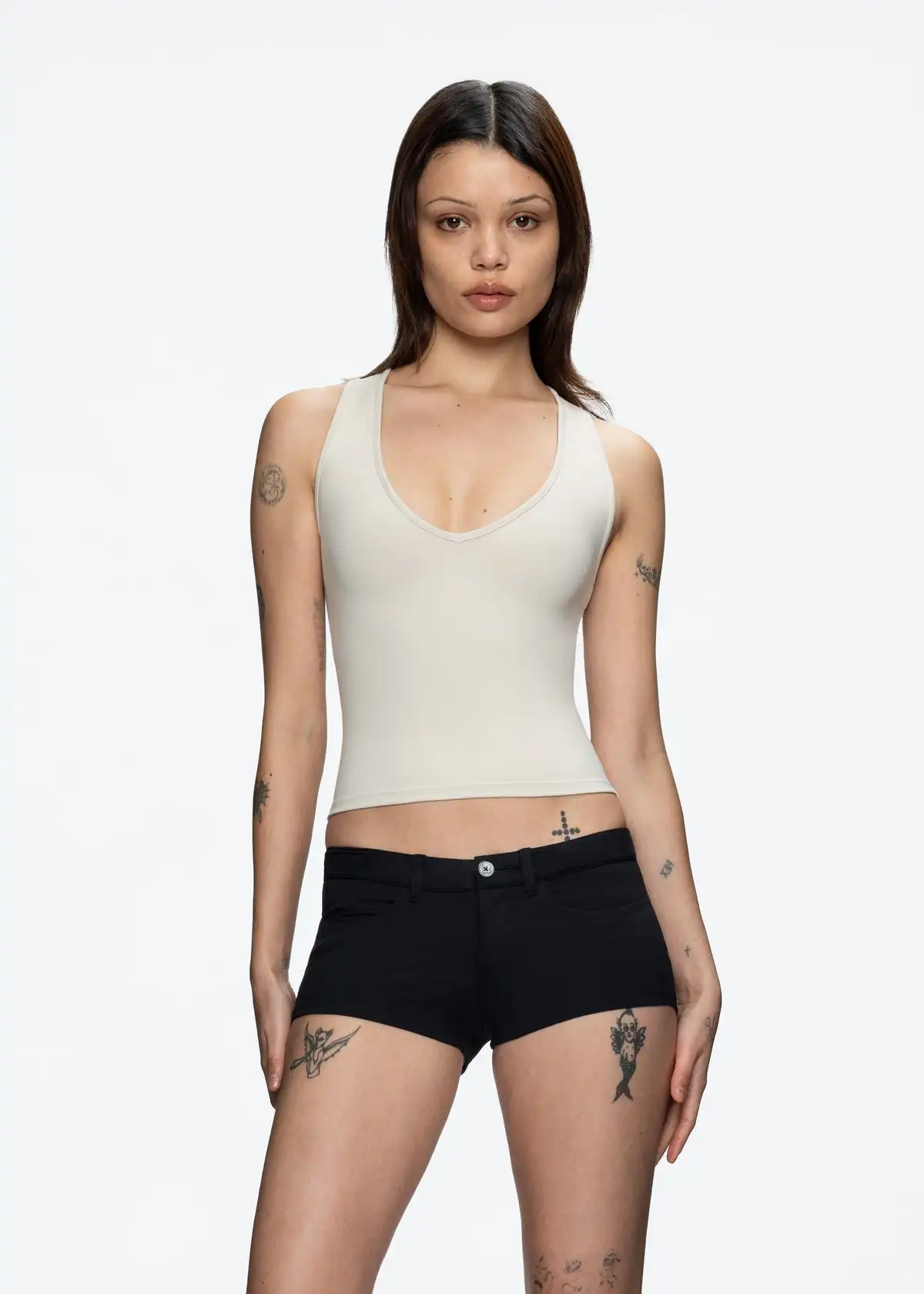 탱크 여성용 콩 색상 딥 브이 넥 섹시한 조끼 신축성있는 허리 짧은 탑 캐주얼 스포츠 스웨터