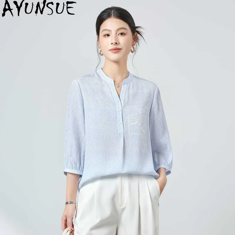 AYUNSUE 16mm Horizontal Striped Crepe Silk Women's Blouses and Shirts Embroidered Tops for Woman Commuting Woman Clothes Blusas