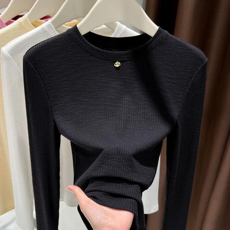 Women Slub Cotton Long Sleeve T Shirt Crew Neck Slim Fit Knitted Base Layer Top Versatile Casual Thermal Undershirt