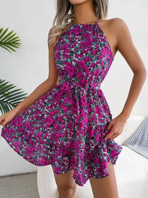 

Summer 2025 Casual Pleated Floral Dress for Women, High Waisted Lace Up A-Line Sleeveless Vacation Style Hanging Neck Dress
