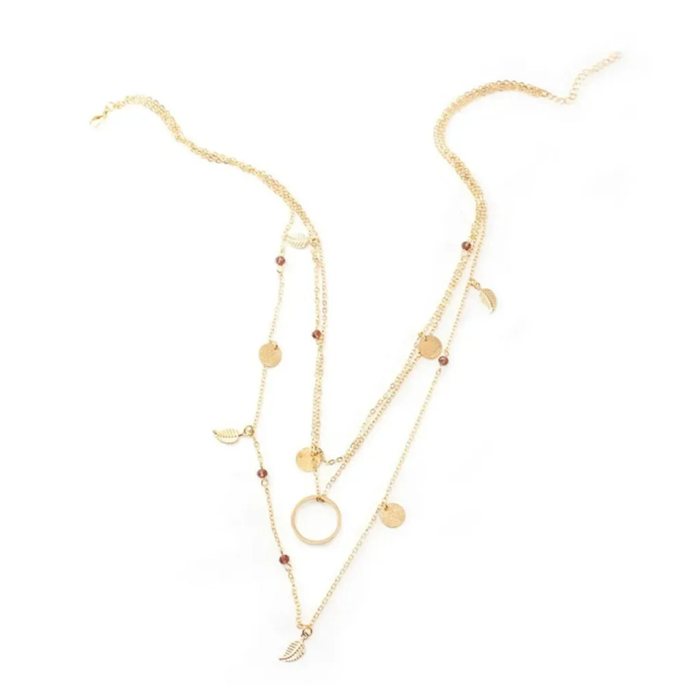 FSUNION 2025 New Gold Color Chain Leaves Multi Layer Pendant Necklace for Women Collier Femme Fashion Jewelry Accessories Gifts