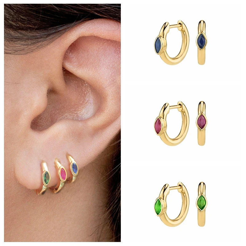 

925 Sterlings Silver Needle Round Hoop Earrings for Women Piercing CZ Colorful Crystal Simple Earring Trendy Temperament Jewelry