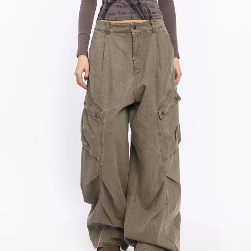 Cargo Pants Womens In Khaki Spring Cotton Lace Pleated Decorative Detail Lovely Festival Present Gift Ribbons Bowknot Streetwear