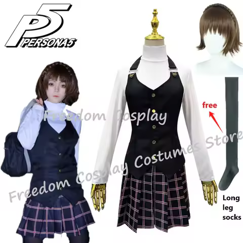 Anime Persona Makoto Niijima Cosplay Costume Long Sleeve Knitted Top Printed Skirt Vest Stockings Wig Japanese Schooluniform