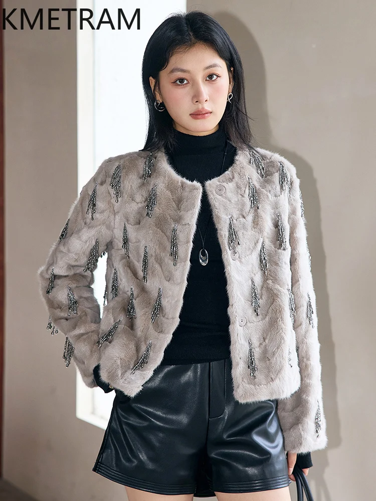 Real Mink Fur Coat Women Clothing Cropped Fur Jacket Old Money Style Outerwears Ladies Coats for Winter Fourrures Femmes 2024