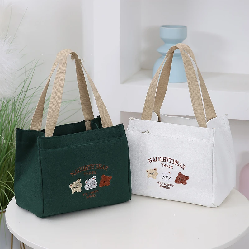 Simple Cute Small Bear Pattern Versatile Handbag Office Worker Lunch Bag Commuter Bento Tote Bag