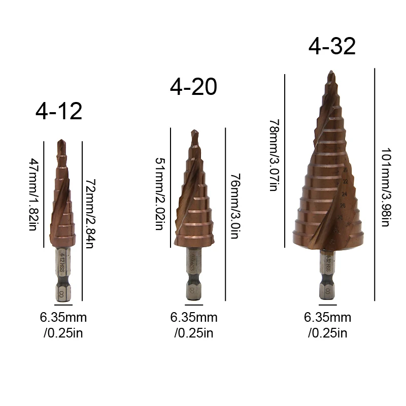 ดอกสว่านเจาะรูแบบขั้นบันได ขนาด 4-12/4-20/4-32 มม. เกลียวหกเหลี่ยม โคบอลต์ผสม M35 สำหรับเครื่องมือไฟฟ้า อุปกรณ์เสริมเครื่องมือไฟฟ้า