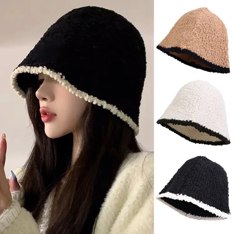 New Knitting Bucket Hat Women Winter Lamb Wool Fleece Cap Corduroy Fisherman Hats Fashion Retro Sunscreen Panama Caps for Women