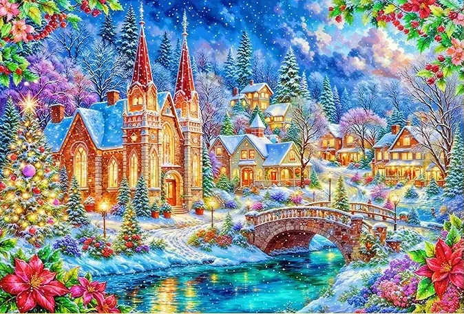 Christmas Snowy Village Stone Bridge Stream Collage Diamond Painting, Winter Town  For Home Handmade Art Exquisite Creative Gift