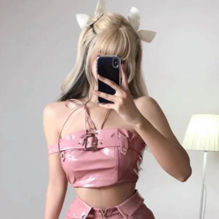 Fashion Sweet Pink Strapless Vest for Women+ Y2k E-Girl High Waist Bodycon Leather Skirts 2024 Summer New Two Piece Sets