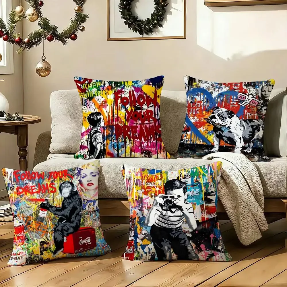 B-Banksy Street G-Graffiti Art Cushion Cover Soft Plush Sofa Cushion Cover｜Double-Sided Decorative Pillow Case｜Warm Home Gift