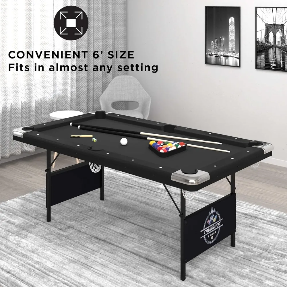 

Foldable Pool Table 6ft with Leg Levelers and K-818 Bumpers Space Saving Billiard Table Includes Cues and Balls