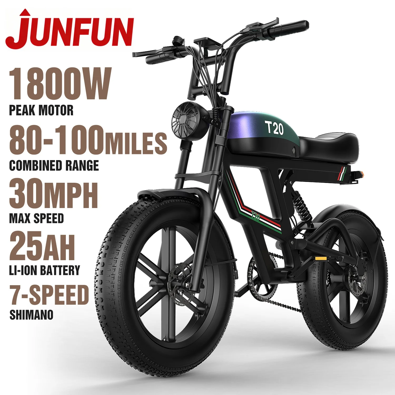 

JUNFUN 1800W Electric Bike, 20" Fat Tire Ebikes for Adults, 30MPH 100Miles Range, 48V 25AH Battery for Snow, Sand Mountain