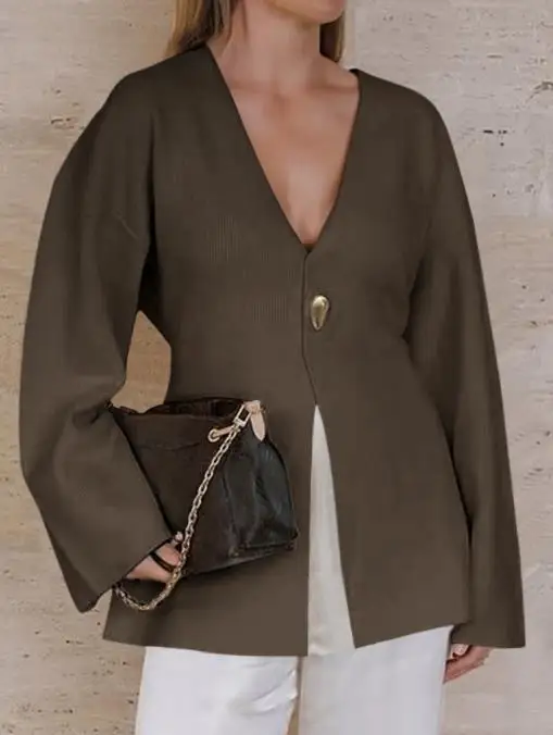 سترة نسائية 2025 الخريف والشتاء أحدث تتجه مزاجه أنيقة بلون سترة بأكمام طويلة قميص الملابس النسائية #5