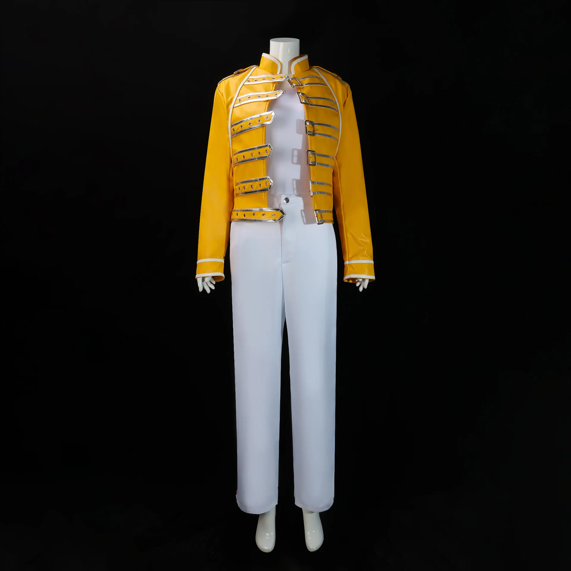 Queen Lead Vocals Freddie Mercury Cosplay Costume DJ Singer Ballroom Dance Stage Yellow Jacket Coat Shirt Pants Outfit Full Set