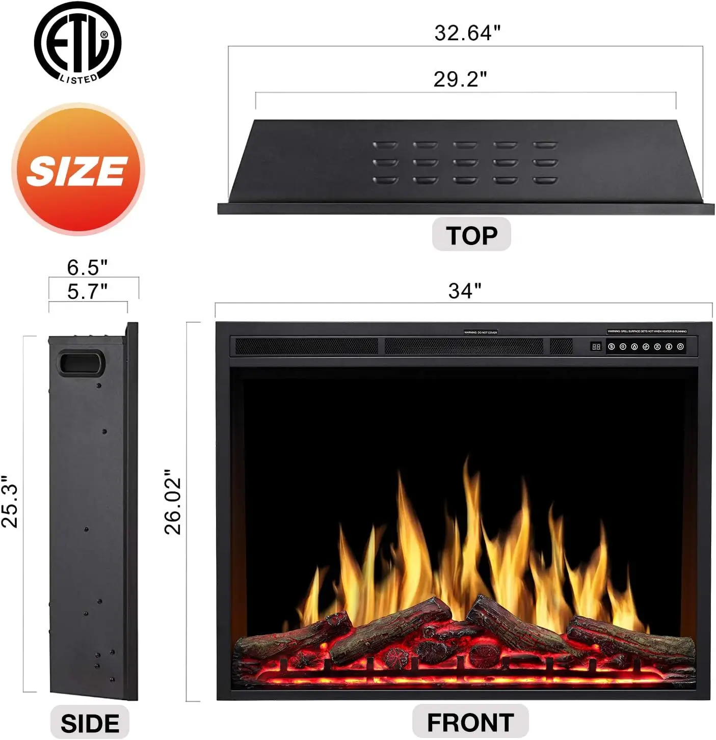 34" Electric Fireplace Insert Adjustable Flame Colors, Log Colors, Flame Speed and Brightness, Remote Control, 750W/15