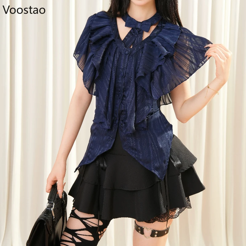 

Japanese Y2k Aesthetic Mini Skirt Sets Women Vintage Ruffles Shirt Tops Short Skirts Suit Summer Gothic Grunge Punk 2 Pieces Set