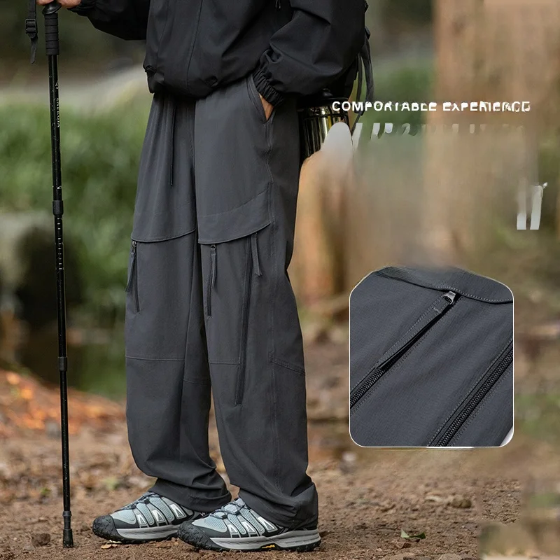 

Men's Casual Outdoor Sports Pants Summer Waterproof Hiking Trousers Two-Way Wearable Straight Leg Loose Fit mid Waist