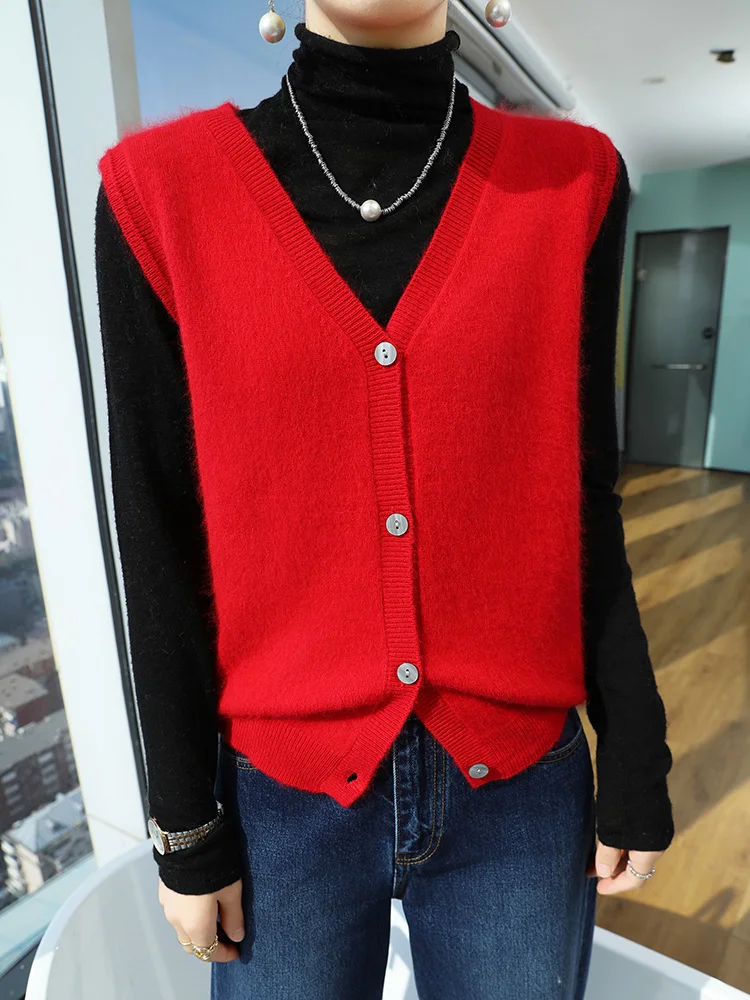 New Women 100% Mink Cashmer Waistcoat Sweater Autumn Winter Sleeveless Cardigan Office Lady Style Cashmere Knitwear Vest Tops