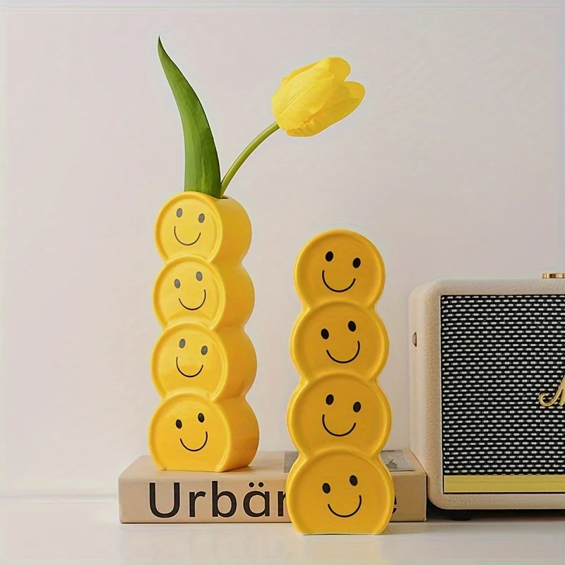 ‌1pc Ceramic Happy Face Vase - Art Deco Boho Flower Holder for Wedding/Home Decor
