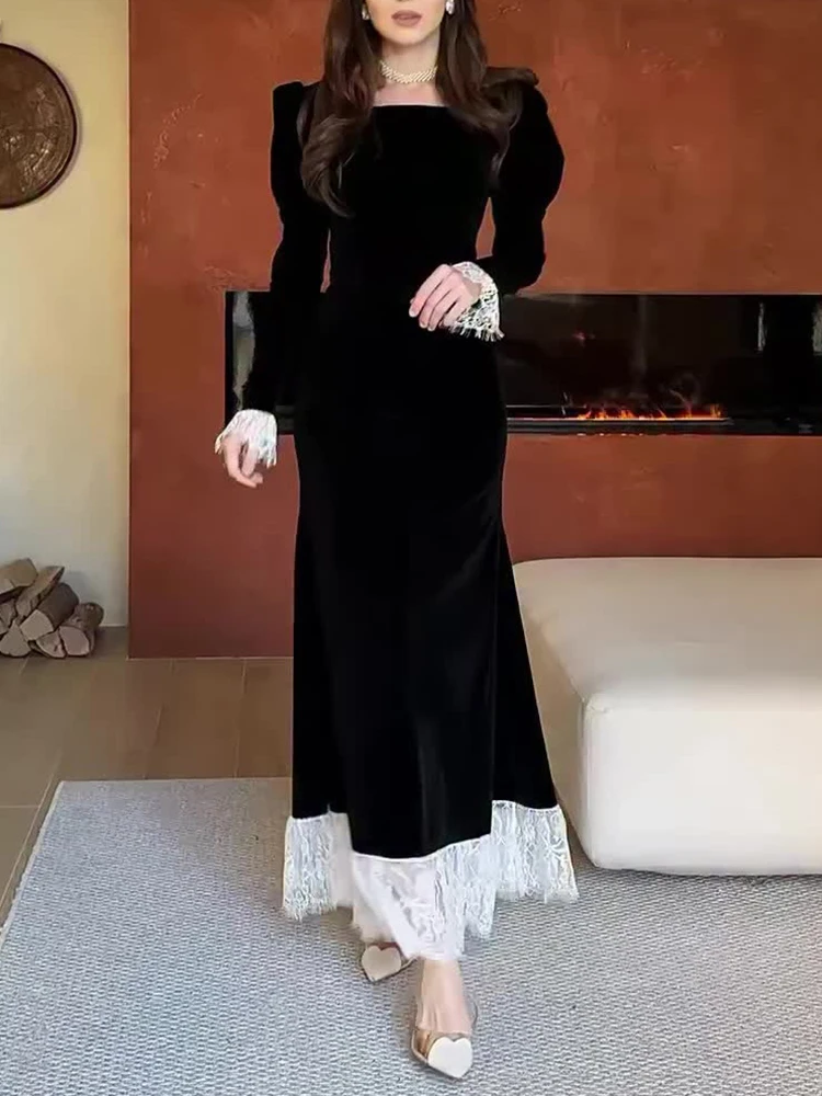 Elegantes Damen-Abschlussballkleid mit quadratischem Kragen, schmale Passform, 2026, neues Frühjahr, Samt-Robenkleid, sexy Spitze, Patchwork, langärmelig, Partykleid