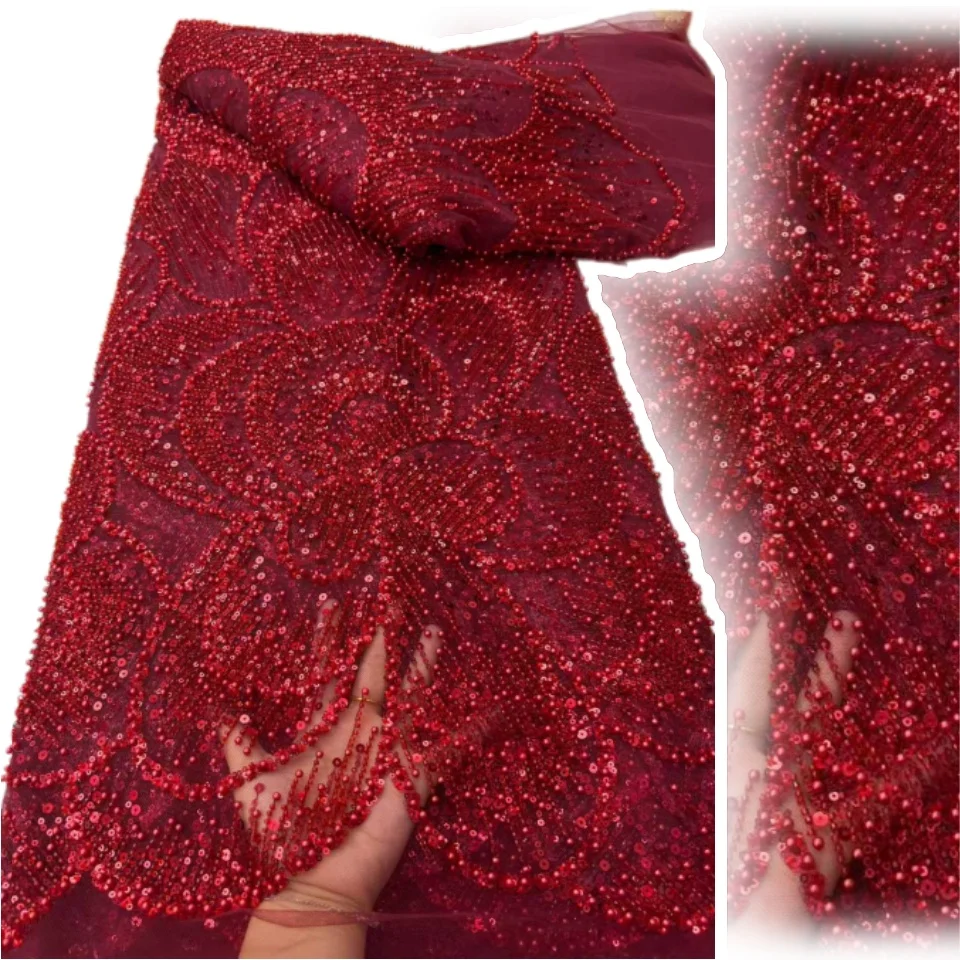 Red  African Sequin Beaded Lace Fabric 2026 Nigerian French Mesh Lace Fabric Suitable for Sewing Women's Wedding Dresses 2317