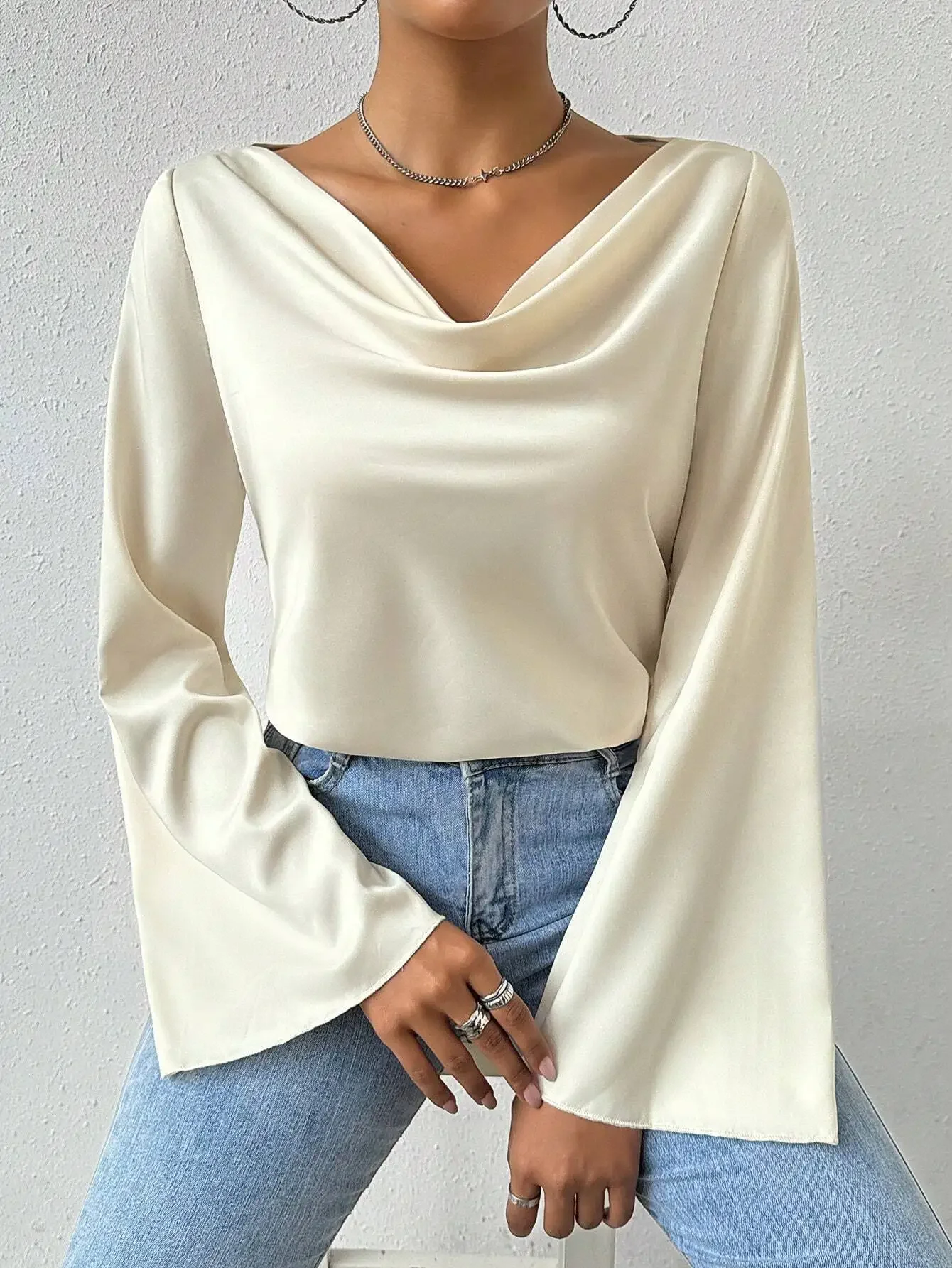 

Autumn T-Shirts 2025 Women's Elegant Plain Long Sleeve Cowl Neck Fitting Slim Daily Basic T-Shirts