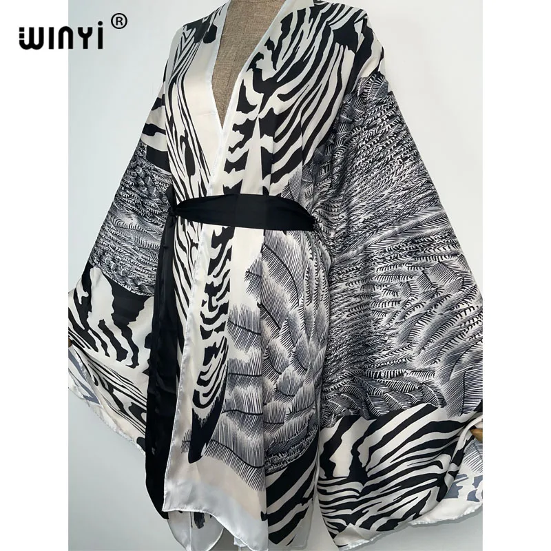 2022 WINYI Summer Beach Wear Swim Suit Cover Europe sweet lady boho Cardigan stitch Self Belted sexy Holiday long Sleeve Kimono