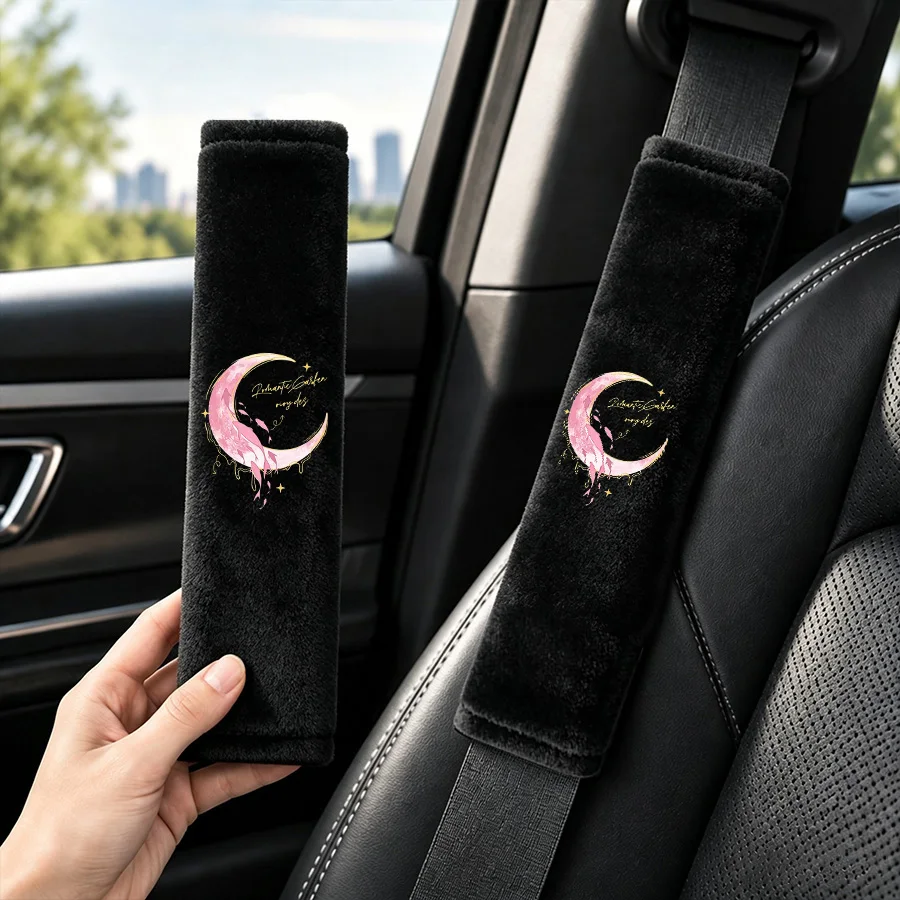 2pcs car seat belt cover, crystal velvet pink moon pattern shoulder guard, soft and comfortable, car interior accessories