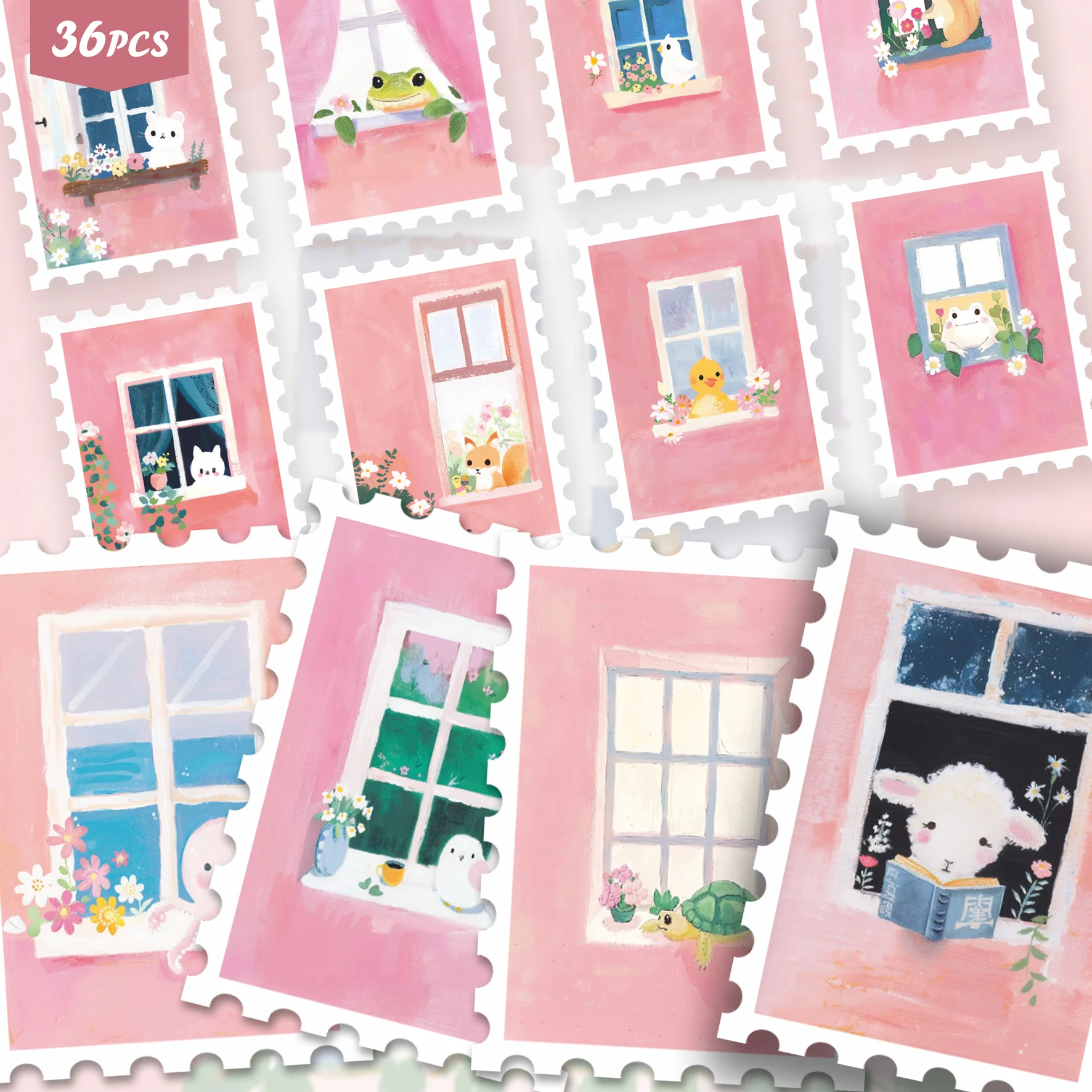 36PCS Cottage Window Wildlife Art Stickers, Hand Drawn Bunny Parrot Cat Floral Windowsill Illustration Cutout Sticker Set for Jo